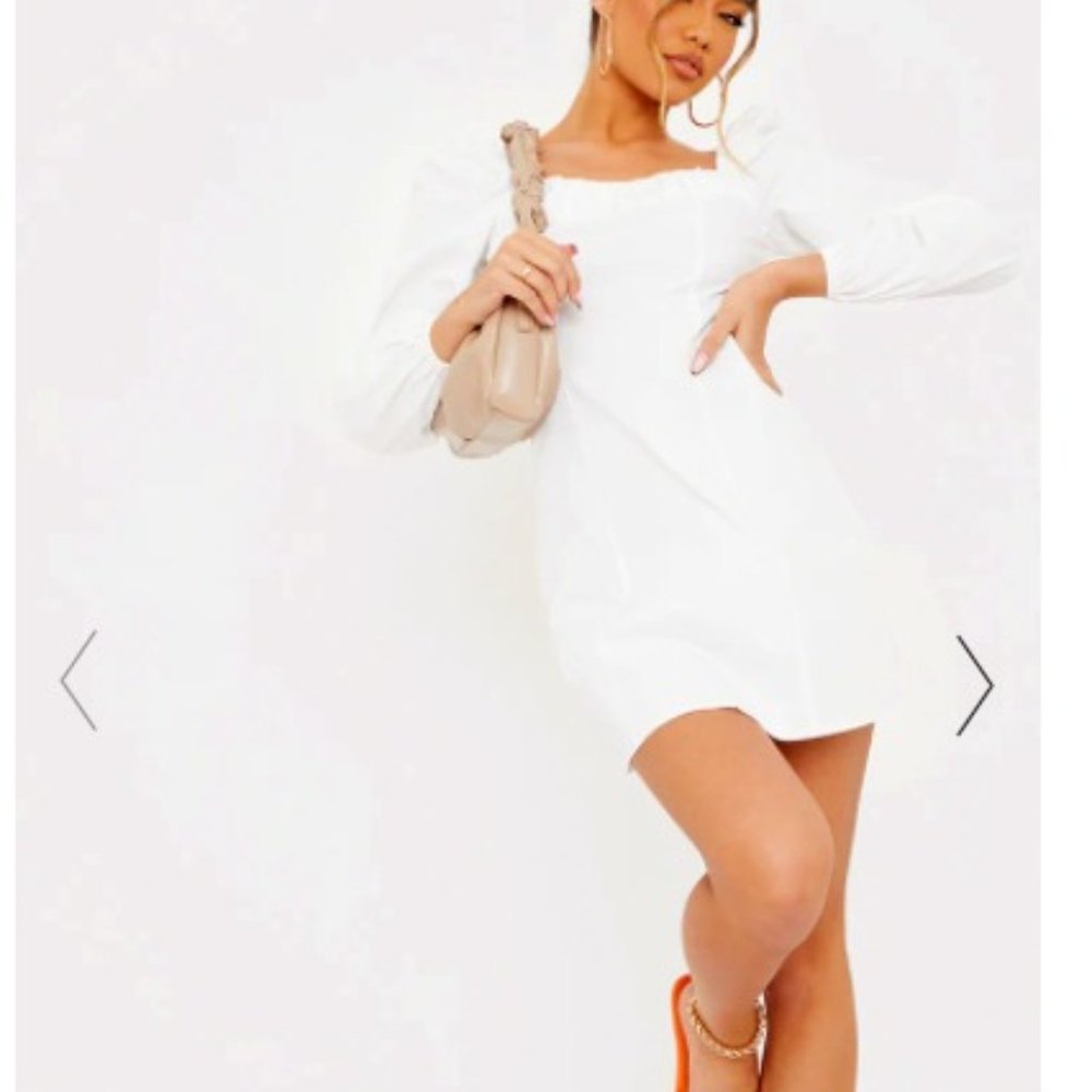 NWT WHITE RUCHED DETAIL PUFF LONG SLEEVE A-LINE SHIFT DRESS